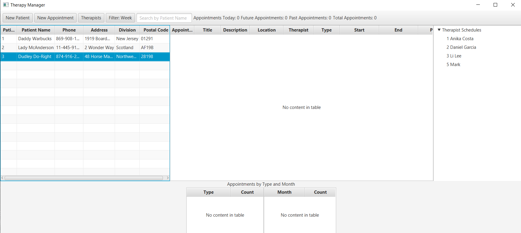Main screen of the Appointment Tracker project